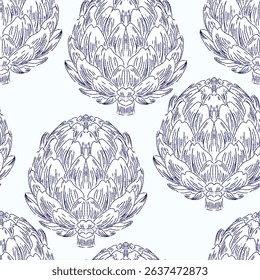 Seamless vintage-style pattern with hand-drawn artichokes. Mediterranean-inspired sketch, perfect for textiles, packaging, wallpaper, and interior design projects.


