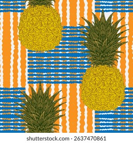 Seamless vintage-style pattern with hand-drawn pineapples over striped background. Tropical and Mediterranean aesthetic, ideal for textile, packaging, wallpaper, and interior design.

