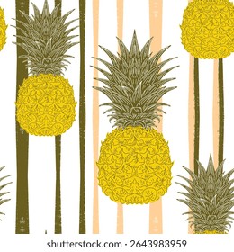 Seamless vintage-style pattern with hand-drawn pineapples over striped background. Tropical and Mediterranean aesthetic, ideal for textile, packaging, wallpaper, and interior design.

