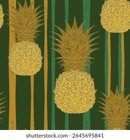 Seamless vintage-style pattern with hand-drawn pineapples over striped background. Tropical and Mediterranean aesthetic, ideal for textile, packaging, wallpaper, and interior design.

