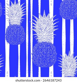 Seamless vintage-style pattern with hand-drawn pineapples over striped background. Tropical and Mediterranean aesthetic, ideal for textile, packaging, wallpaper, and interior design.

