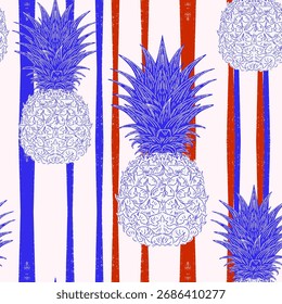 Patrón de estilo vintage sin fisuras con piñas dibujadas a mano sobre fondo de rayas. Estética tropical y mediterránea, ideal para textil, packaging, Fondo de pantalla e interiorismo.

