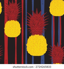 Patrón de estilo vintage sin fisuras con piñas dibujadas a mano sobre fondo de rayas. Estética tropical y mediterránea, ideal para textil, packaging, Fondo de pantalla e interiorismo.

