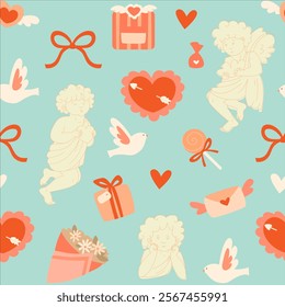 A seamless vintage-style Valentine's Day pattern with cupids, hearts, bows, and doves. Suitable for wrappers, backgrounds, wallpapers, textiles