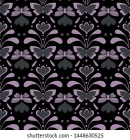 A seamless vintege damask moody vector pattern with butterflies and florals. Surface print design.