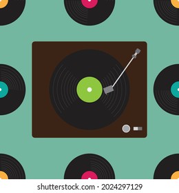 Seamless vinyl player and record. Retro musical equipment technology background. Vector and illustration design.