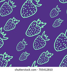 Seamless, violet background and bright green strawberries oblique vector pattern