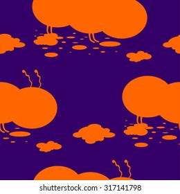 Seamless violet background with orange caterpillars and clouds. Vector illustration.