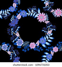 Seamless violet, black and blue background with abstract flowers and elements. Vector retro illustration. Ideal for printing on fabric or paper.