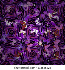 Seamless Violet Butterfly Silhouette Pattern On Dark Purple Background. Vector Illustration