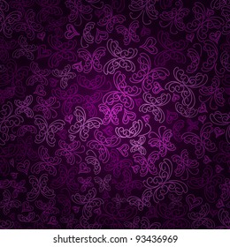 Seamless Violet Butterfly Silhouette Pattern On Dark Purple Background. Vector Illustration