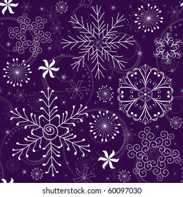 Seamless violet christmas pattern with white-blue snowflakes (vector)