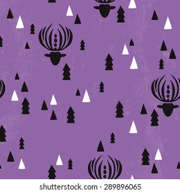 Seamless violet christmas theme reindeer christmas tree and geometric details background pattern in vector