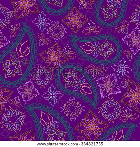 Seamless violet geometric pattern with paisley and flowers. Vector background.