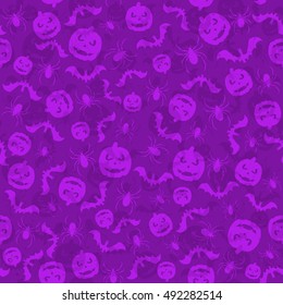 Seamless violet Halloween background with holiday icons, pumpkins, bats and spiders, illustration.