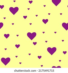 Seamless violet hearts pattern. Vector illustration. Hearts different sizes on yellow background. Abstract design for fabric, textile, paper, wallpaper, card.