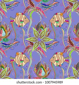 Seamless. Violet, neutral and green. Vector illustration. Watercolor texture fish pattern.