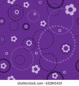 Seamless violet pattern with doodles . Abstract floral pattern with white flowers and circles from dots.
