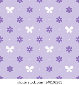 Seamless violet pattern with flowers and butterflies, vector
