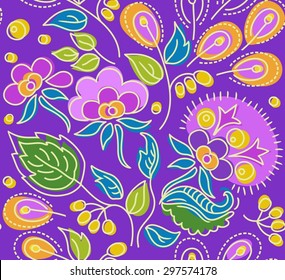 Seamless violet pattern of flowers, yellow berries and orange seeds. Pink flowers, green leaves and yellow berries on a purple background. Seamless pattern. The contour, color painting. 