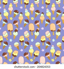 Seamless violet pattern with ice creams and flowers. Vector illustration
