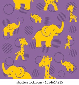Seamless violet pattern with yellow funny giraffe and elephant. Vector