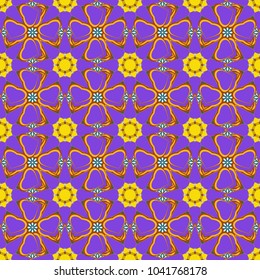 Seamless violet, yellow and brown background with abstract flowers and elements. Vector retro illustration. Ideal for printing on fabric or paper.