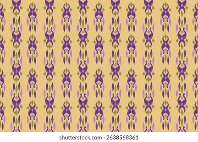 Seamless violet yellow Ikat pattern with soft textile texture. Traditional ethnic design with modern elegance, perfect for fabric, textile printing, fashion design, home decor, and digital backgrounds