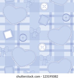 Seamless violet-blue pattern with hearts, buttons and patches on the checkered field