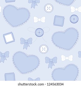 Seamless violet-blue pattern with hearts, buttons and patches
