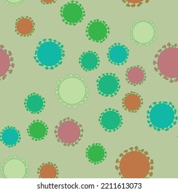 Patrón de virus impecable en un fondo verde, los virus tienen colores diferentes.
