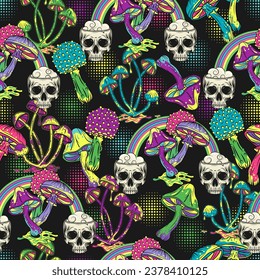 Seamless vivid colorful pattern with text, colorful mushrooms, psychedelic rainbow, human half skull, circular halftone shapes. Concept of madness. Vintage style. Not AI