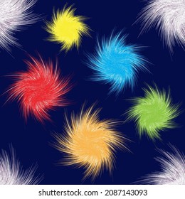 Seamless  vivid firework pattern with rainbow  glowing twisted elements on blue background for web design