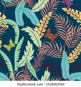 Seamless vivid flat illustration. Hand drawn vector tropical leaves herbs and butterflies on the blue background. Leaf repeat pattern. Repeating design for textiles, wrapping, creative interior decor.