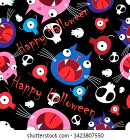 Seamless vivid funny Halloween pattern made of cats and skulls against a dark background