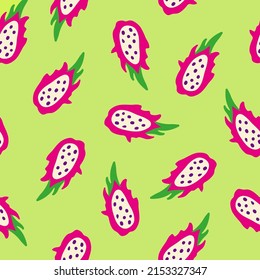Seamless vivid pattern with dragon fruits, pitaya on green background. Hand drawn minimalism vector illustration for summer romantic cover, tropical wallpaper, prints, wrapping, textile