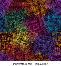 Seamless vivid pattern with rainbow grunge striped, stained grid square elements on dark background for web design