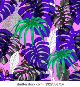 Seamless vivid pattern with tropical banana, palm and monstera l