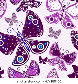 Seamless vivid pattern with violet butterflies and translucent waves (vector, eps10)