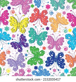 Patrón de primavera vívido e incomparable con mariposas coloridas sobre un fondo transparente. Vector eps 10