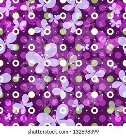 Seamless vivid spring pattern with polka dots with transparent butterflies and mandala (vector EPS 10)