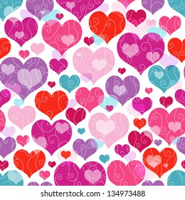 Seamless vivid valentine pattern with decorative colorful hearts and curls (vector EPS 10)