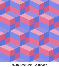 Seamless volumetric cube pattern. Pale repeating geometric background. Optical illusion. Necker cubes. Isometric. Fond. Vector modern texture. Yellow, red, vinous, blue, green, purple colors.