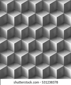 Seamless volumetric glossy grey cube pattern. Bright repeating geometric background. Optical illusion. Necker cubes. Isometric. Colorless fond. Vector modern texture.