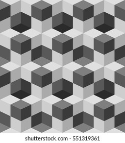 Seamless volumetric grey cube pattern. Pale repeating geometric background. Optical illusion. Necker cubes. Isometric. Colorless fond. Vector modern texture.