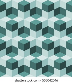 Seamless volumetric grey cube pattern. Pale repeating geometric cyan background. Optical illusion. Necker cubes. Isometric. Colorless fond. Vector modern texture.