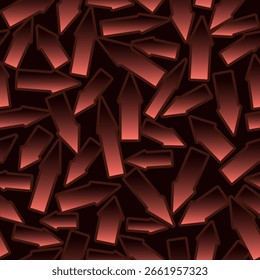Patrón volumétrico sin fisuras con flechas rojas flotando sobre un fondo oscuro. Ilustración vectorial. Para crear patrones abstractos dinámicos y expresivos.
