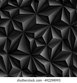 Seamless volumetric polygonal black pattern. Vector luxury abstract grey background. Dark modern dynamic fond. Repeating geometric. EPS 8. No transparency. Low poly space texture, Crystal Backdrop