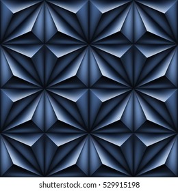 Seamless volumetric polygonal blue pattern. Vector luxury abstract dark glossy background. Dark grey modern metal fond. Repeating geometric. EPS 8. No transparency. Low poly texture. Black shadow
