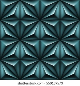 Seamless volumetric polygonal blue pattern. Vector luxury abstract dark glossy background. Dark grey modern metal fond. Repeating geometric. EPS 8. No transparency. Low poly cyan texture. Black shadow